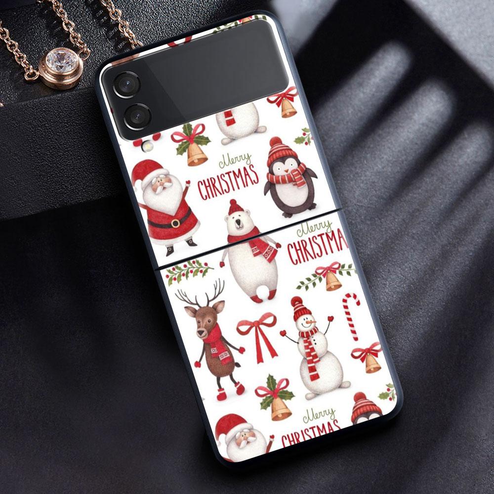 Case For Samsung Galaxy Z Flip 3 4 5G Black Hard PC Phone Housing Z flip4 Luxury Segmented Cover Christmas Cartoon
