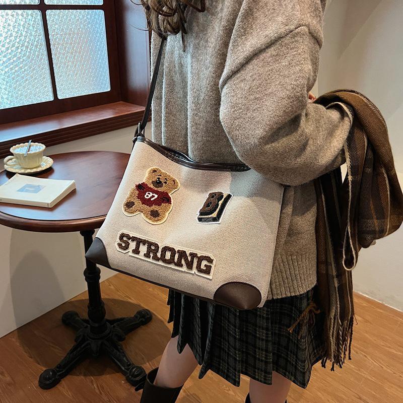 Винтажная сумка-тоут с рисунком медведя, большая вместимость, женская сумка через плечо, модная универсальная школьная сумка для девочек-подростков