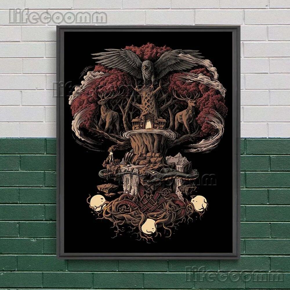 The World Tree And Norse Mythology Vintage Wall Art Canvas Painting Demon Snake And Black Cat Witchcraft Art Poster Print Decor No Frame