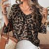 Ayollar Bahor Yoz Leopard Print Yarim Yengli Ko'ylak Keng V-Bo'yin Pliseli Bluzkalar Pullover Top S-XL