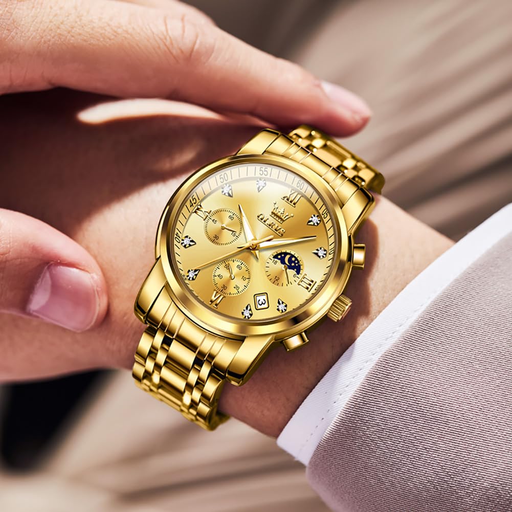 OLEVS Таймер фазы Луны Водонепроницаемые Светящиеся кварцевые часы с браслетом из нержавеющей стали Простые модные часы для мужчин золотые мужские