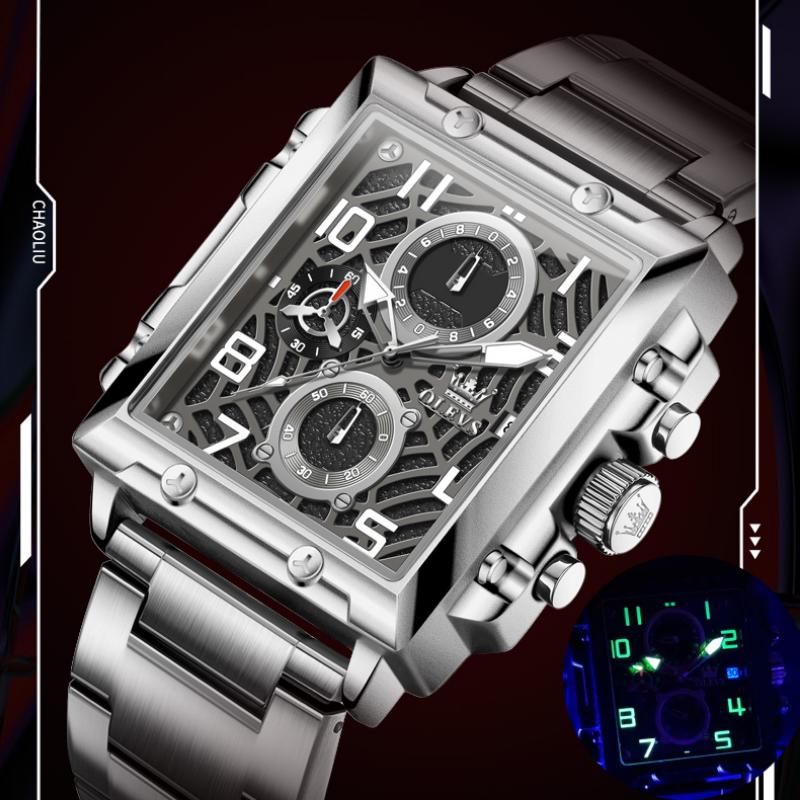 Деловые мужские часы водонепроницаемые светящиеся календарные хронограф квадратные мужские часы из нержавеющей стали кварцевые мужские часы Reloj