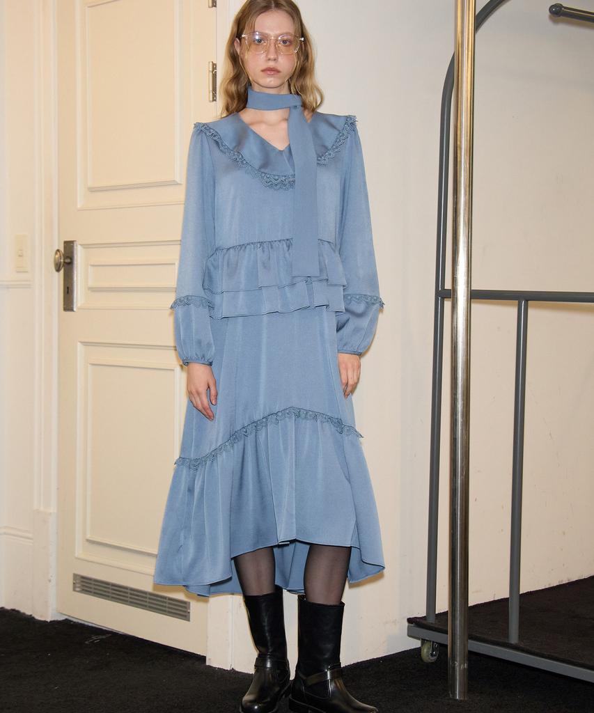 Salon De Yon Scarf Ruffle Long Dress_ Blue