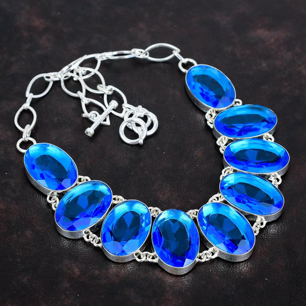 Ограненное ожерелье из лондонского голубого топаза, ожерелье из драгоценных камней, ожерелье из стерлингового серебра 925 пробы, регулируемая цепочка, ювелирные изделия ручной работы, подарки для жены