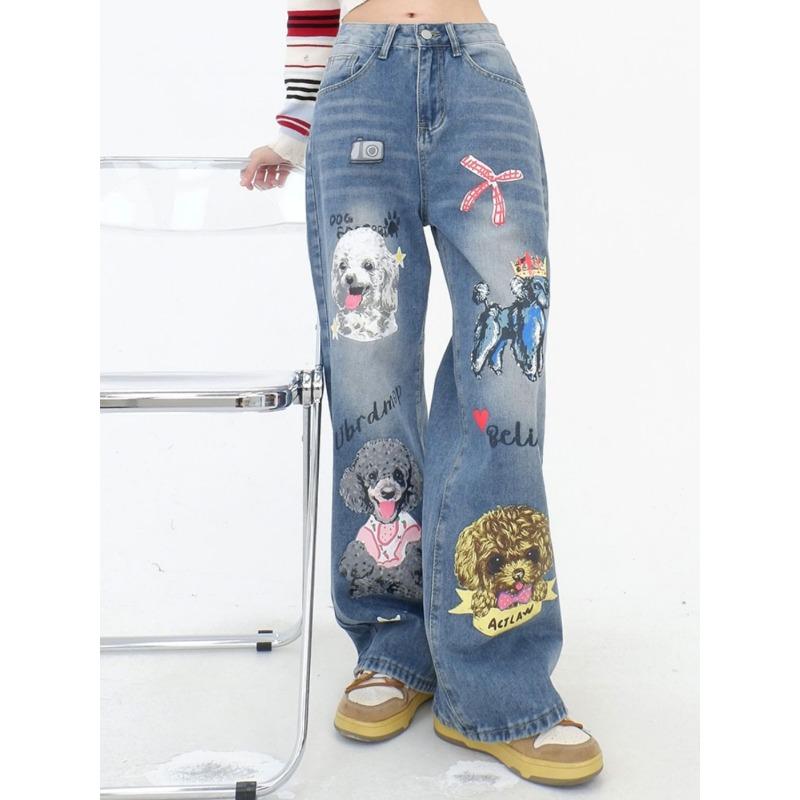 Синие джинсовые брюки с рисунком милой собаки и графическим принтом, свободные прямые джинсовые брюки y2k, уличная модная повседневная одежда