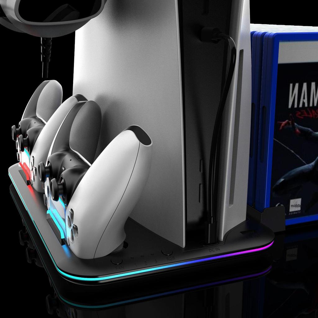 Тонкая многофункциональная охлаждающая подставка для PS5 с зарядным устройством для контроллера и хранилищем для игровых дисков