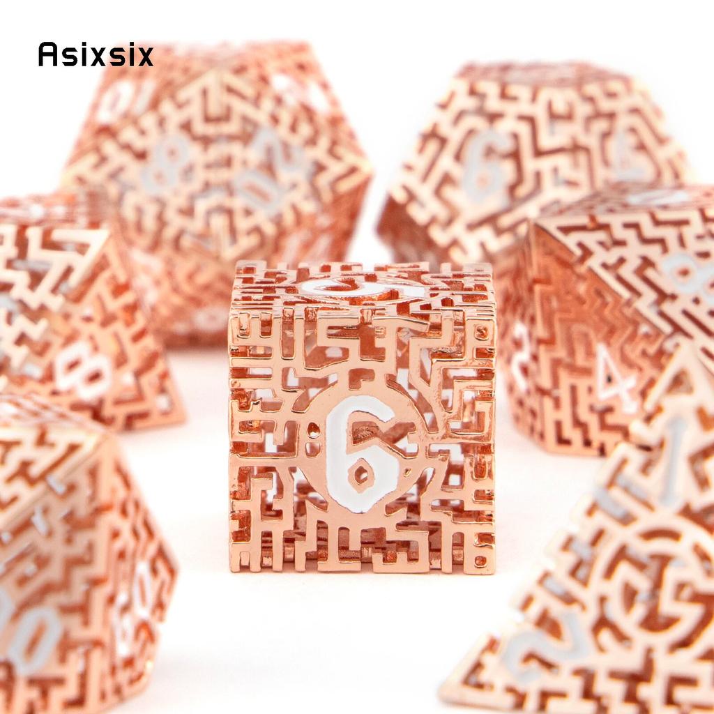 7 шт. оранжево-белые металлические игральные кости, лабиринт, полый металлический многогранный набор кубиков, подходящий для ролевой игры, настольной игры, карточной игры