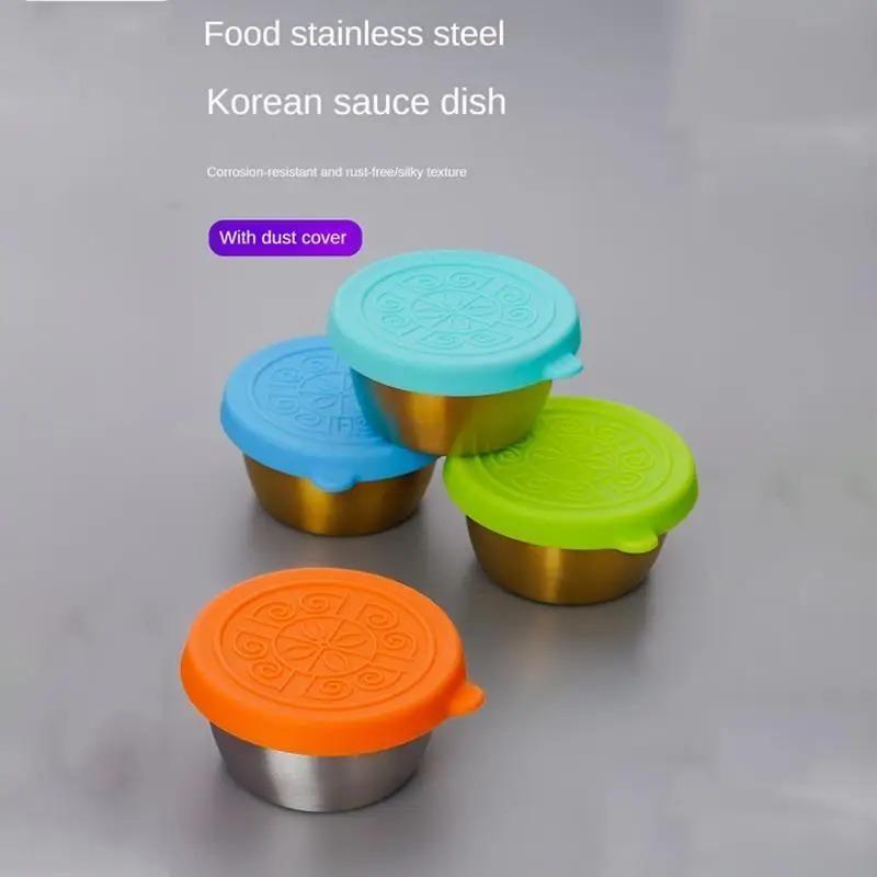 6pcs Multifunctional 304 Stainless Steel Sauce Dish With Silicone Lid, Sealed And Leak-proof Sauce Dish Tool Accessories Preserved Saucer