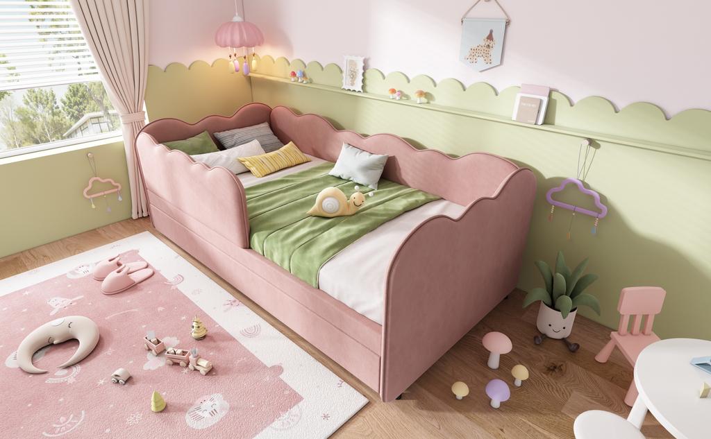 Upholstered bed daybed 90x190cm, day bed sleeper sofa with pull-out bed 90x190cm, children's bed with slatted frame, velvet, pink, without mattress