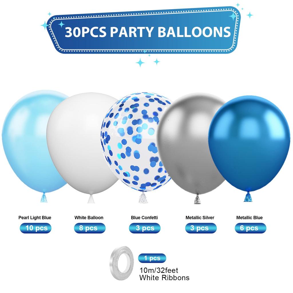 Воздушный шар сине-белого цвета, 30 штук, воздушные шары, сине-белые латексные шары, украшение на день рождения, синие шары с конфетти, металлизированные серебристые шары с синим гелием