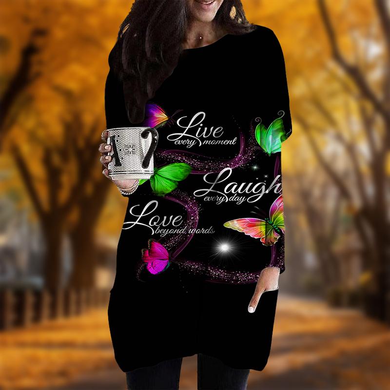 Новинка осени с принтом в виде букв и бабочек, платье больших размеров для женщин с круглым вырезом, длинными рукавами, повседневные платья с карманами