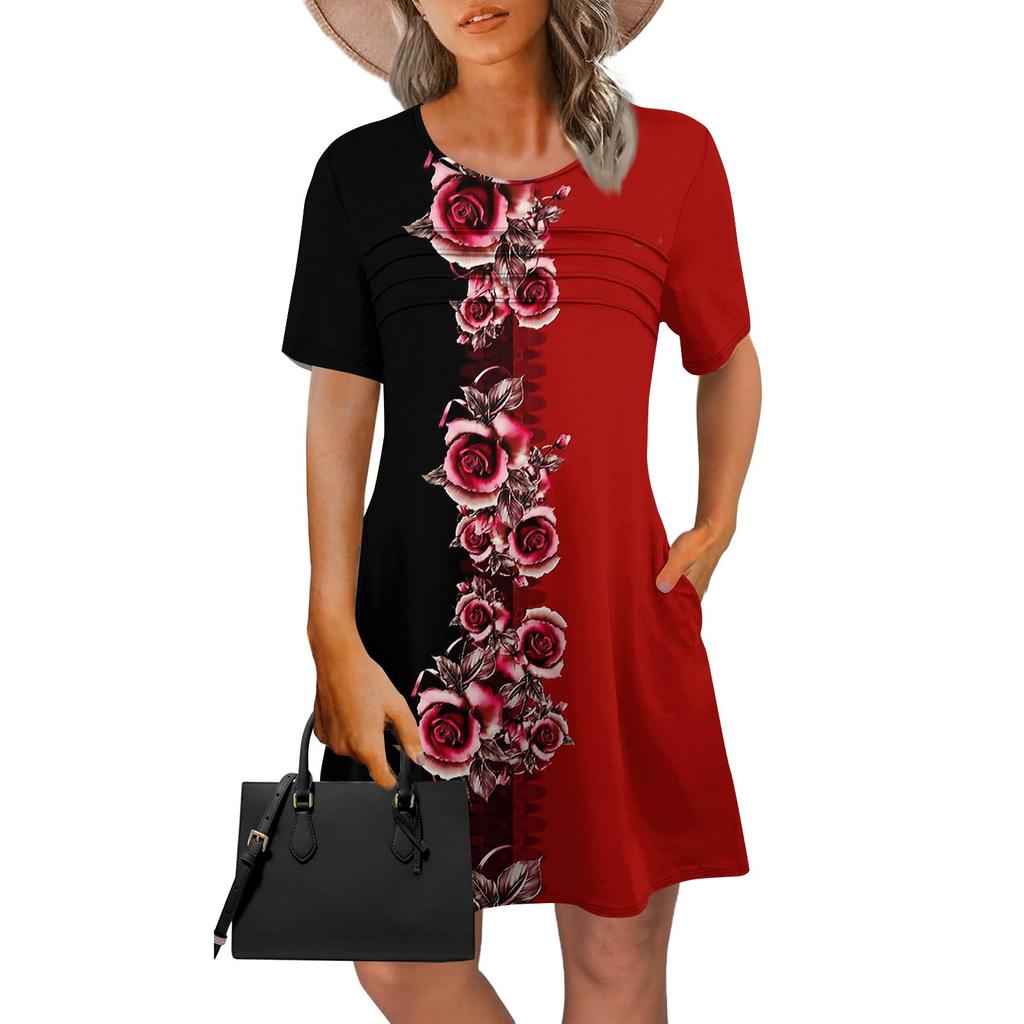 Женское летнее винтажное платье с цветочным принтом, повседневное платье с коротким рукавом и круглым карманом