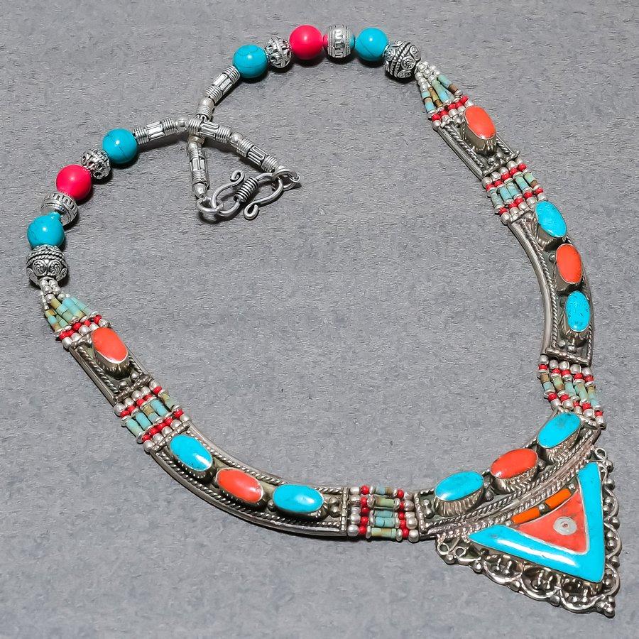 Cabochon Vintage Tibetan Necklace Natural Coral Turquoise 18 In Jewelry NN 754
