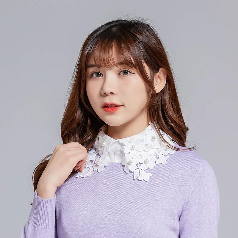 Linbaiway Women Embroidered Lace Tie Detachable Collars Floral Sweater Lapel Fake False Collar Female White Button Blouse Tops