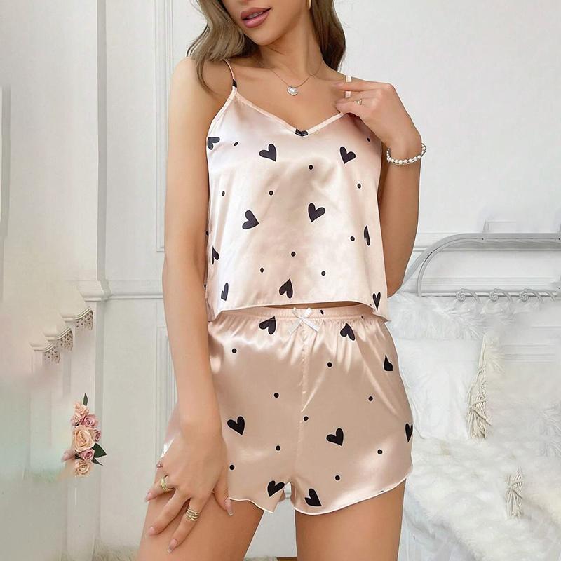 Heart Print Satin Pajama Set for Women Sexy V Neck Sleepwear Summer Cami Tops and Shorts Pajamas 2 Piece Loungewear Home Clothes