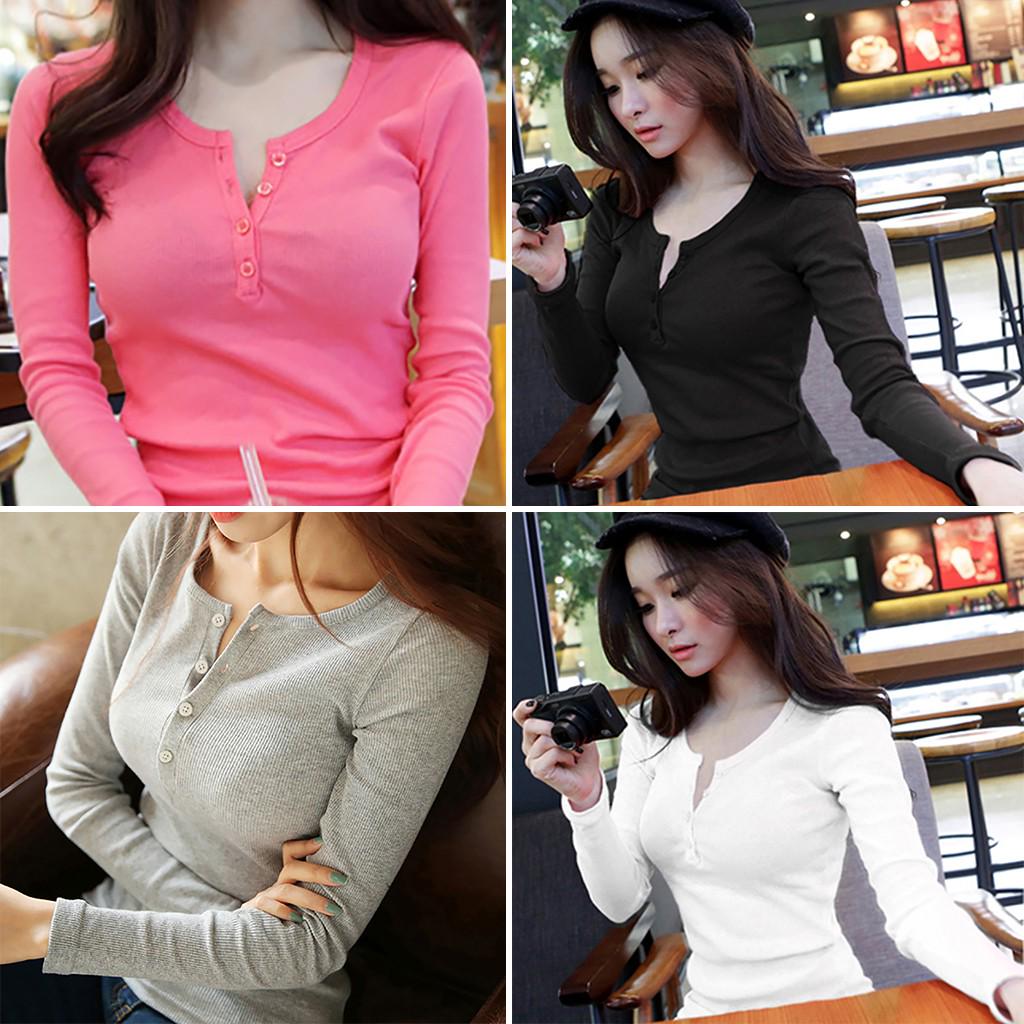 Женская Зимняя Базовая Футболка с V-образным вырезом, Однотонная, с Длинным Рукавом, на Пуговицах, Трикотажные Топы