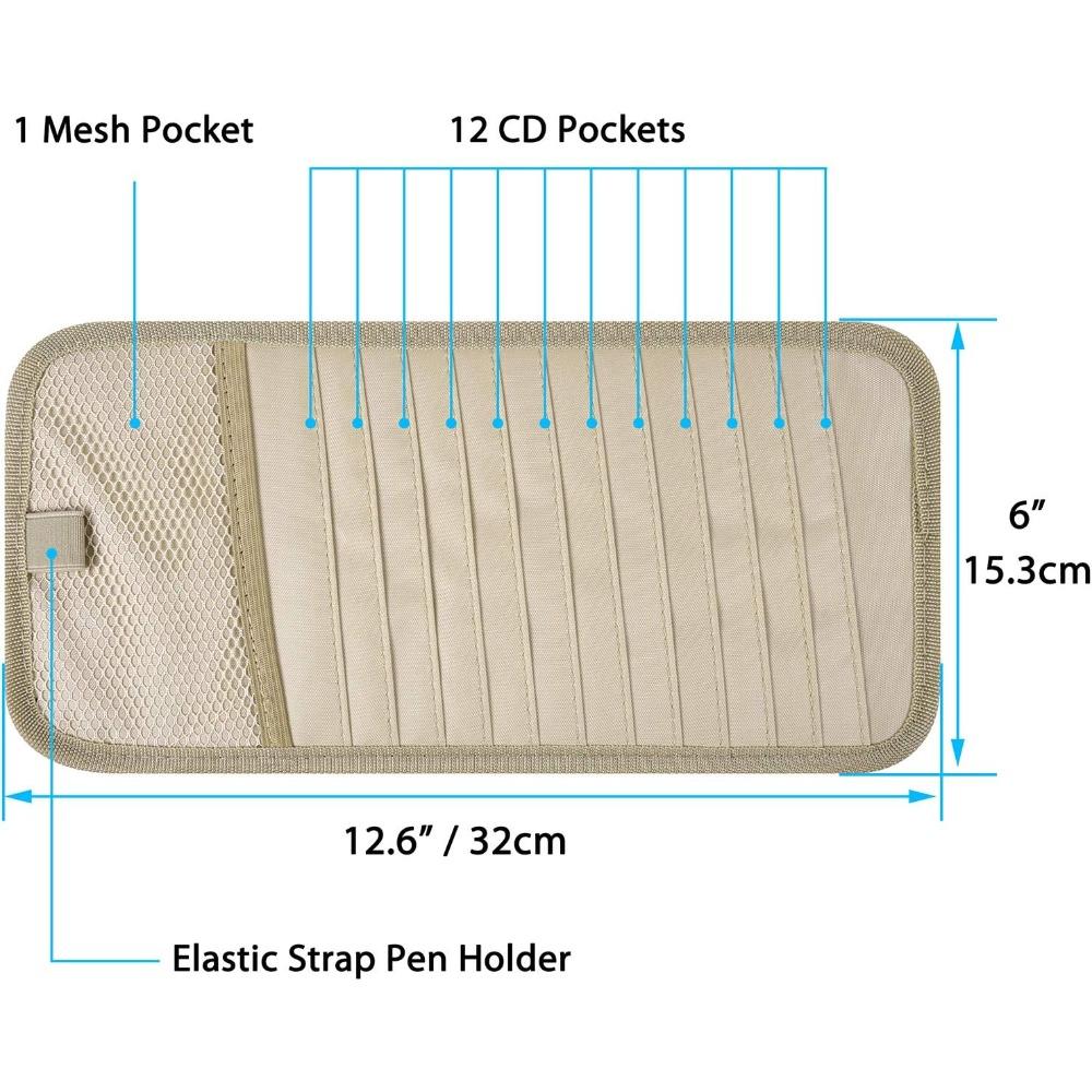 Car CD Case Holder, Vehicle Sun Visor Organizer for Cars with 12 DVD Storage Sleeves, 1 Mesh Pocket, 1 Pen Holder and Elastic Strap, Khaki