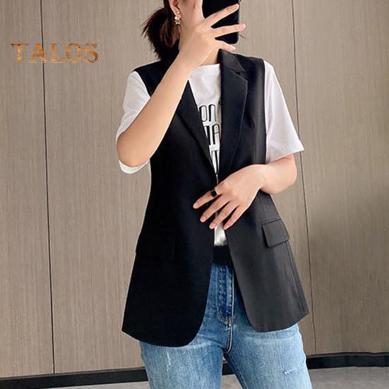 Женский деловой жилет с отложным воротником, застежкой на одну пуговицу, без рукавов, средней длины, формальный офисный наряд, однотонный кардиган, жилет, наряд для рабочего места