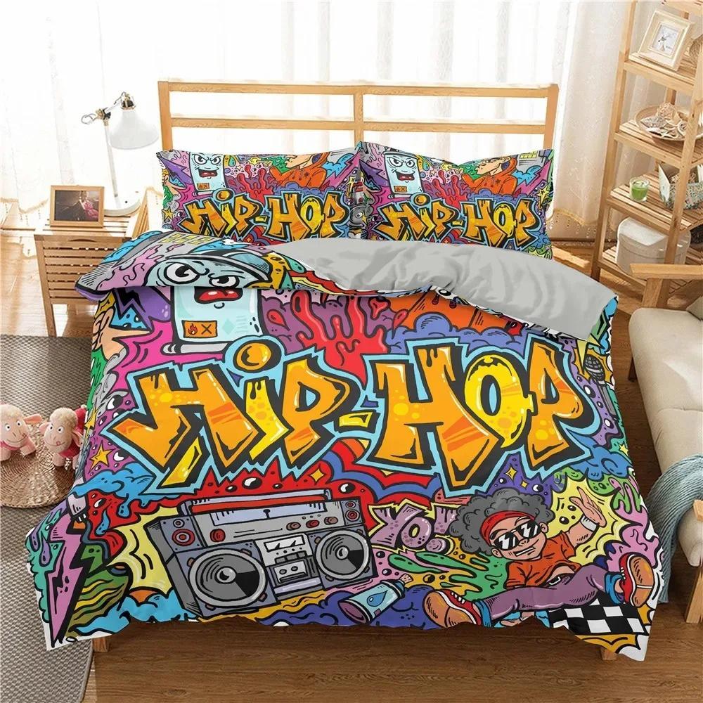 3D Print Cartoon Graffiti Bedding Set Soft Comforter Cover With 1/2pcs Pillow Shams For Kids Adults Microfiber Quilt Cover