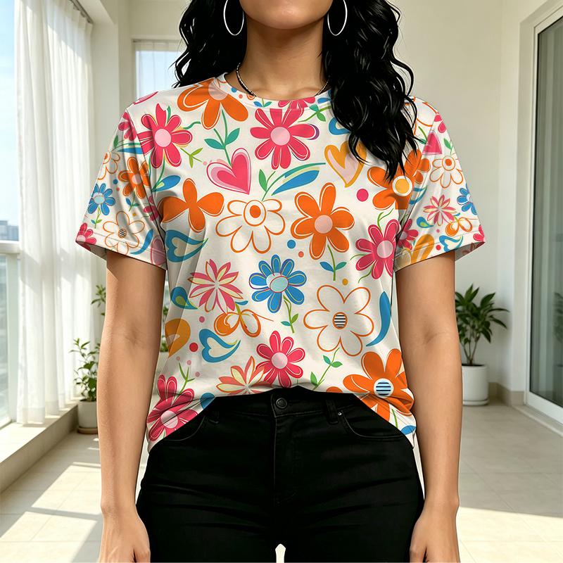 Women’s Colorful Floral Print Short Sleeve T-Shirt - Soft Street Casual Top, Versatile for Daily & Campus Wear