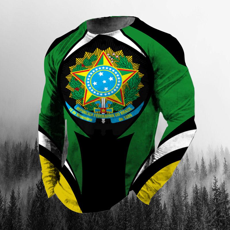 Винтажная осенняя мужская футболка с 3D принтом бразильского флага и круглым вырезом, повседневная футболка большого размера с длинными рукавами, модный пуловер, мужская одежда