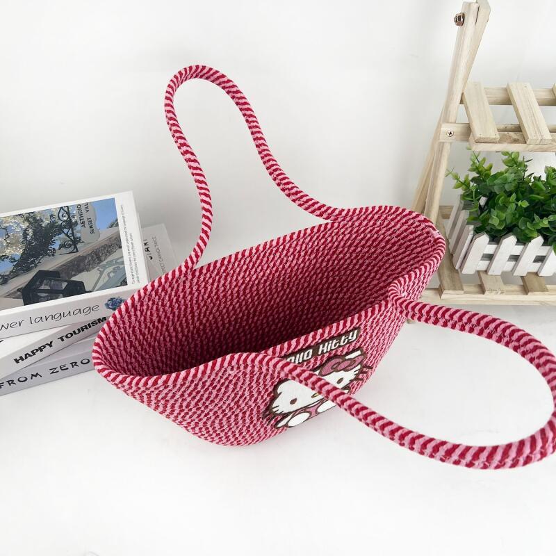 New Kitty Woven Crossbody Straw Bag Cute Cartoon Dumpling bag Sweet Women's Shoulder Handbag Cute Large Capacity Pink Tote Bag