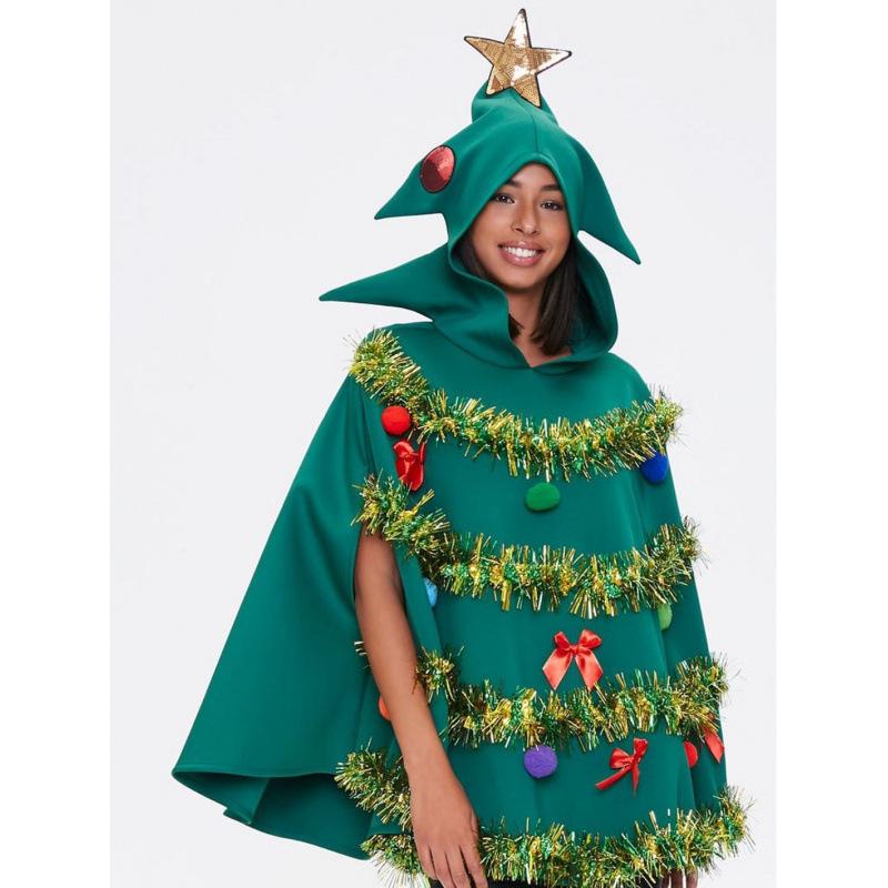 2025 Women's 3D Christmas Tree Skirt with Hooded Cape Costume