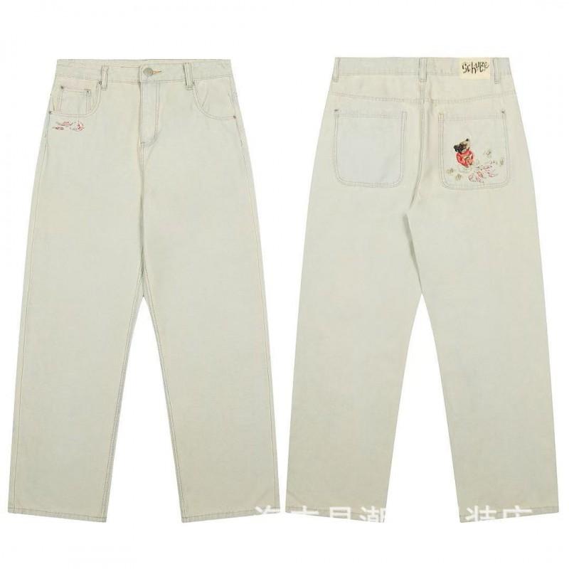 Mens Loose Straight Fit Denim Pants With Floral Embroidery Casual Streetwear Jeans