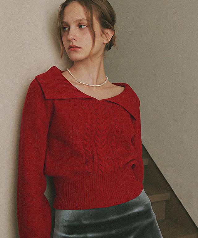 RONRON Big Collar Cable Crop Knit Red