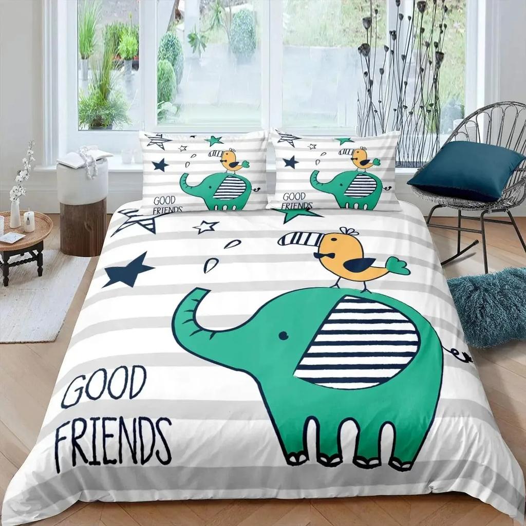 Elephant Soft Duvet Cover Set for Girl Lovely Carton Animals Elephant featuring Buterfly plus Bird Beding Set Warm Comforter Cover Quen Sized