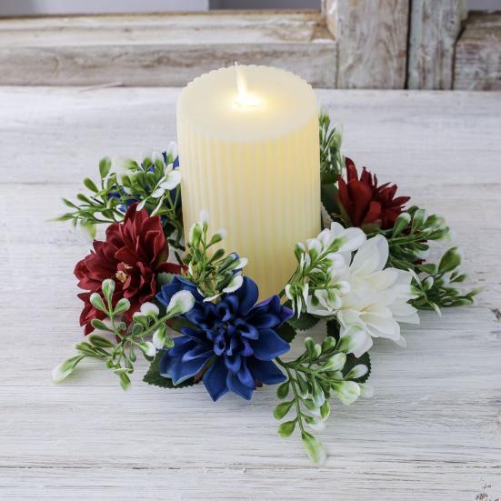 2Pcs Patriotic Artificial Wreath Candle Independence Holder Day Pillar Candle Ring Red White Blue