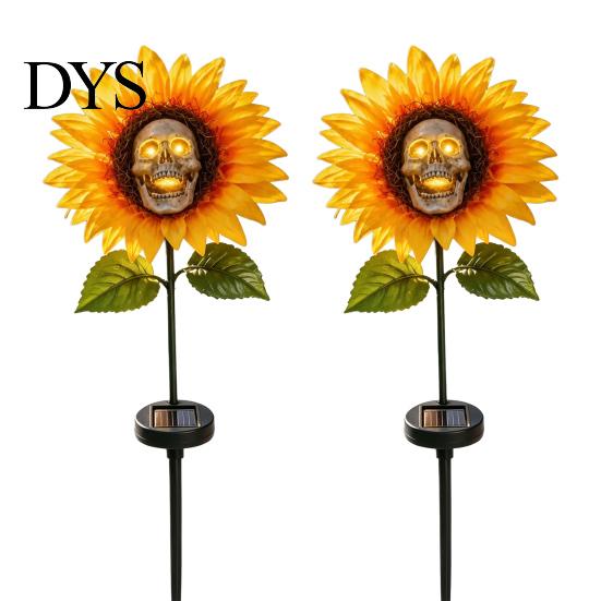 Day of The Dead Outdoor Decoration Solar Garden Stake Light, Gothic Skull And Sunflower Statue Lamp, Halloween Decor Waterproof LED Landscape