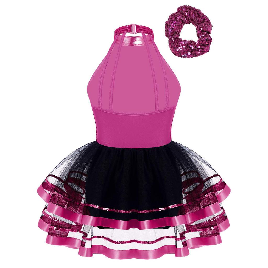 Костюм для танцев для девочек, топ-халтер без рукавов с открытой спиной, платье-пачка, украшенное блестящими пайетками, комплект с головным убором