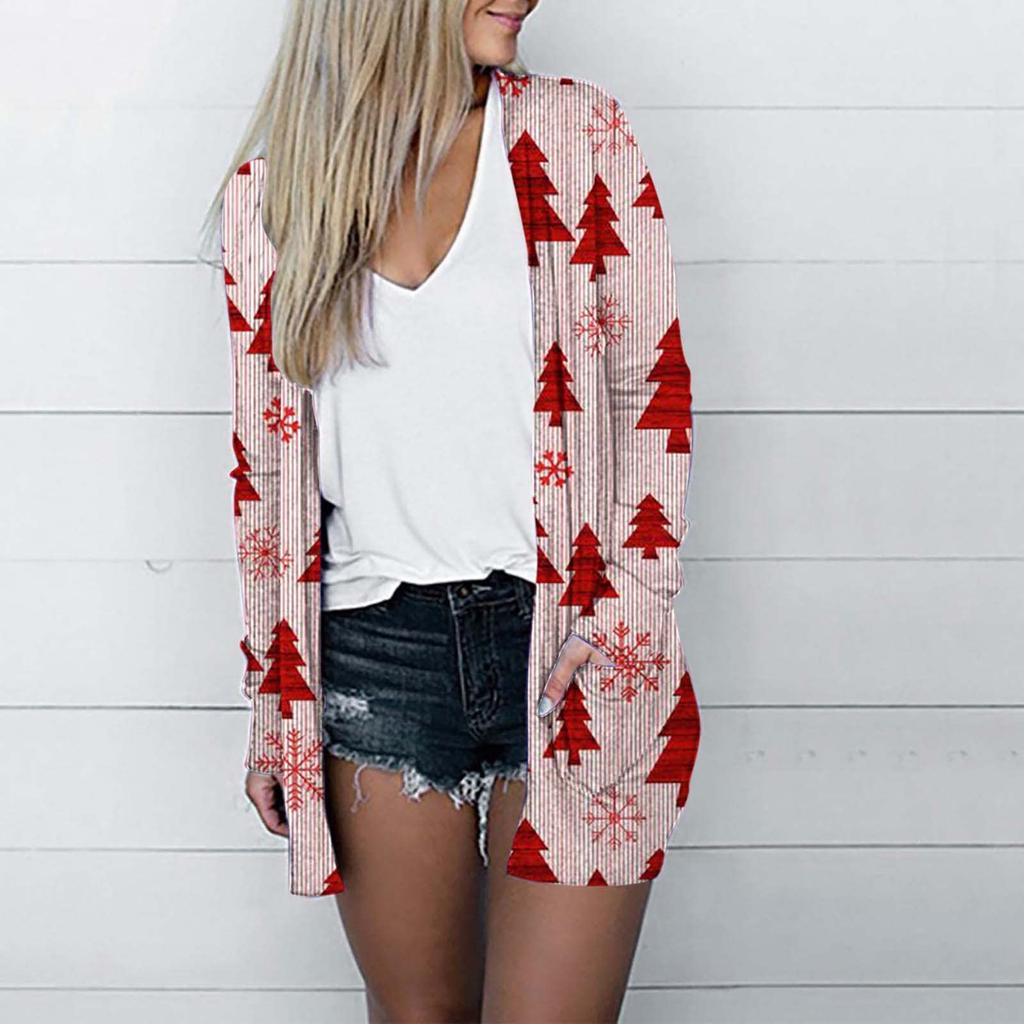 Женская мода, свободный повседневный карманный кардиган с рождественским принтом, куртки, топы