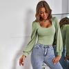 2024 Women's Avocado Green Puff Sleeve Square Neck Knitted Slim Fit Top