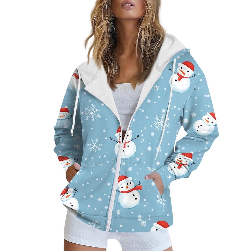 Женская рождественская печатная толстовка осень-зима с длинным рукавом кардиган куртка с карманами на молнии толстовка с капюшоном верхняя одежда