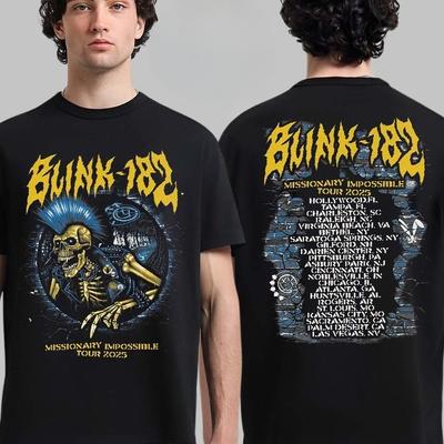 Blink 182 Эксклюзивная футболка с принтом из тура Mission Impossible 2026 Футболка со скелетом Высококлассная Люкс Для мужчин и женщин Топ Y2k