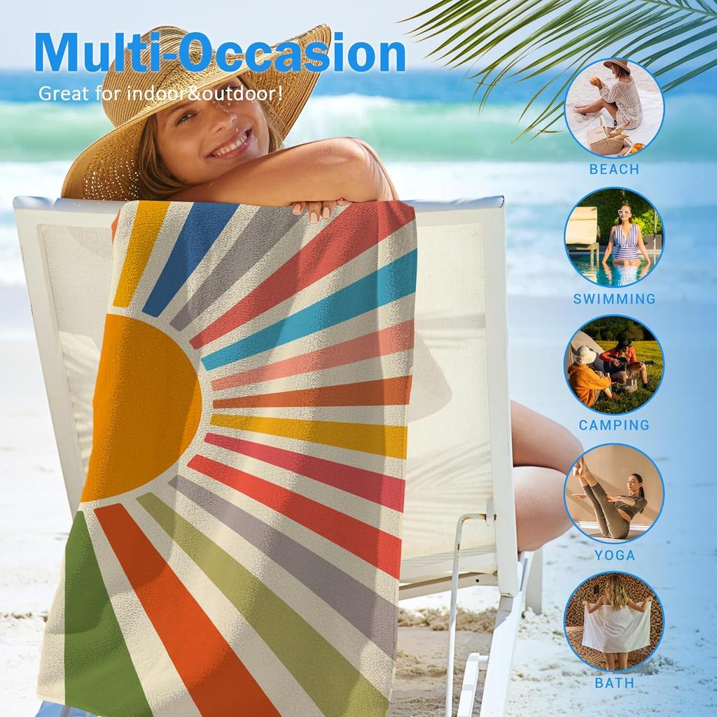Boho Colorful Sun Sunshine Beach Towel, Sunrise Sunset Microfiber Beach Towels Oversized for Bathroom,Boho Quick Dry Travel Sand