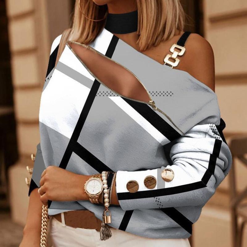 BITCED Женский осенне-зимний топ с длинным рукавом и цепочкой на шее, украшенный пуговицами с принтом