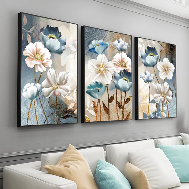 Golden Blue Flowers Nordic Poster Modern Abstract Wall Art Print Canvas Painting Wall Pictures for Living Room Home Decoration