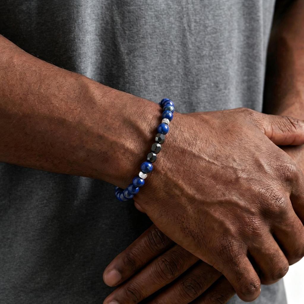Stylish Blue Natural Stone Beaded Bracelets for Men,Lapis Lazuli Hematite Bracelet,Healing Energy Yoga Jewelry