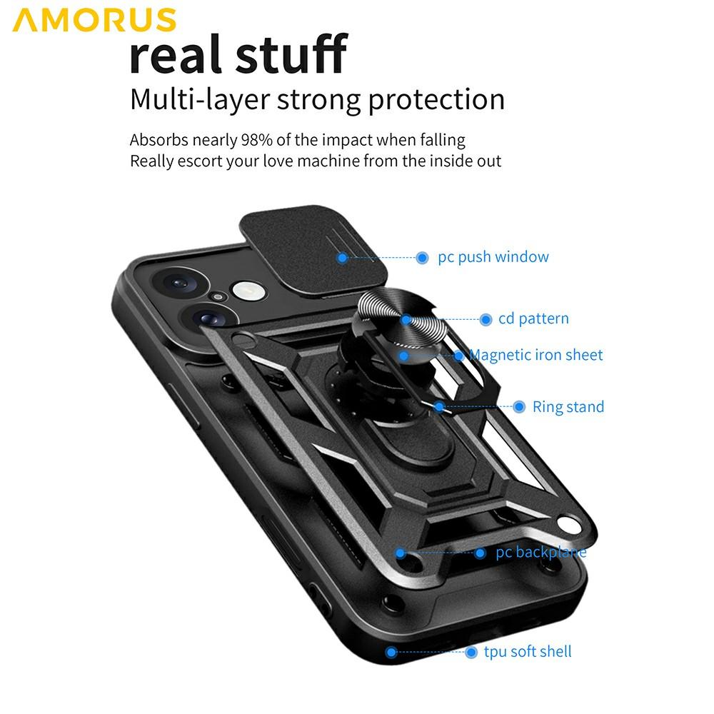 AMORUS Kickstand Case for iPhone 16 PC+TPU Phone Cover with Camera Lens Slider
