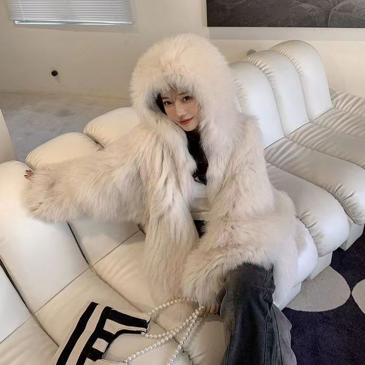 Nuovo cappotto di pelliccia di volpe finta con cappuccio e maniche a pipistrello, manica lunga, sottile, da donna