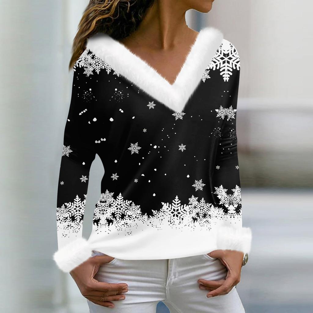 Женская мода повседневная плюшевая кофта с длинным рукавом и V-образным вырезом с рождественским принтом