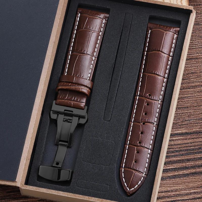Ремешки для часов из натуральной коровьей кожи с коробкой WatchBand 4 мм 16 мм 18 мм 20 мм 21 мм 22 мм 24 мм Наручный ремешок Ремень Застежка-бабочка Браслет для часов