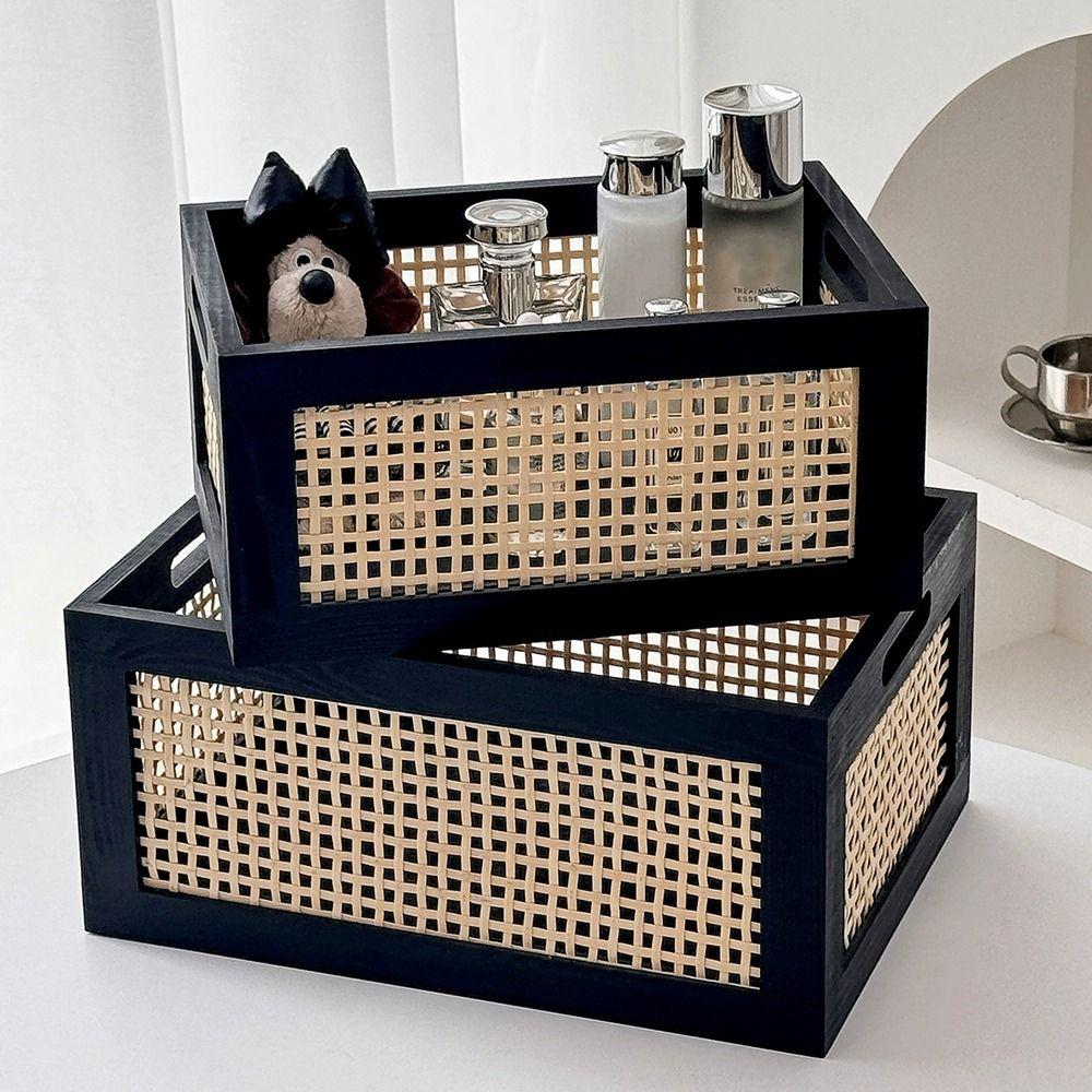 Rattan Storage Basket Solid Wood Organizer Boxes Durable Storage Box Household