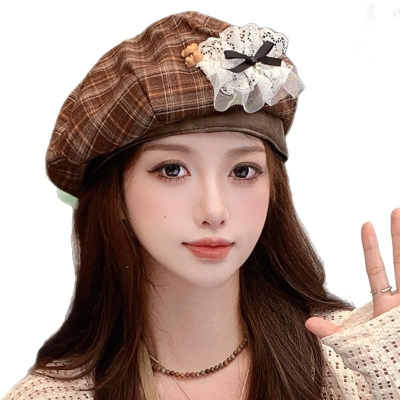 Осенний ретро берет в клетку с бантом в виде медведя, восьмиугольная шляпа, подчеркивающая лицо, шляпа маленького художника, женская