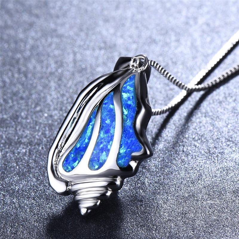 Unique Ocean Conch White Blue Fire Opal Stone Pendant Necklaces For Women 925 Sterling Silver Animal Jewelry Chain Necklace Gift