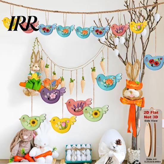Hemp Rope Hanging Ornament Easter Wooden Decoration, 2D Flat Flowers Bird Ornaments, Decoration Spring Tree Pendant for Holiday Home Party Decor