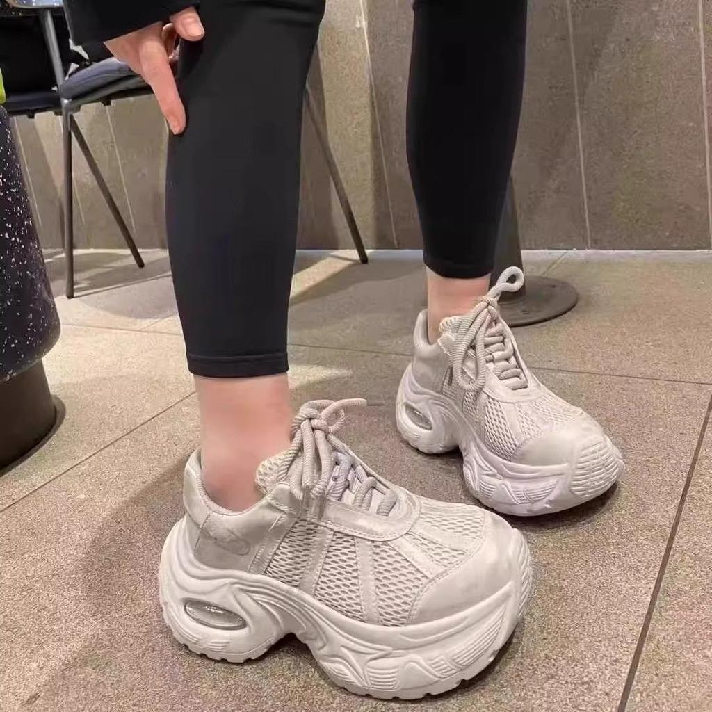European Station Thick-soled Air Cushion Dad Shoes for Women 2025 Spring and Summer New Breathable Mesh Lace-up Heightening Sports and Leisure Shoes